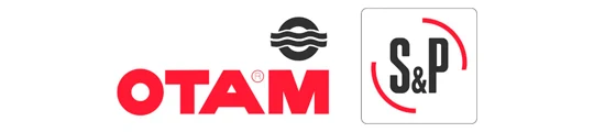 Logotipo OTAM em vermelho, com símbolo preto de linhas onduladas acima, ao lado de um logotipo S&P em preto e vermelho dentro de um quadrado de cantos arredondados.