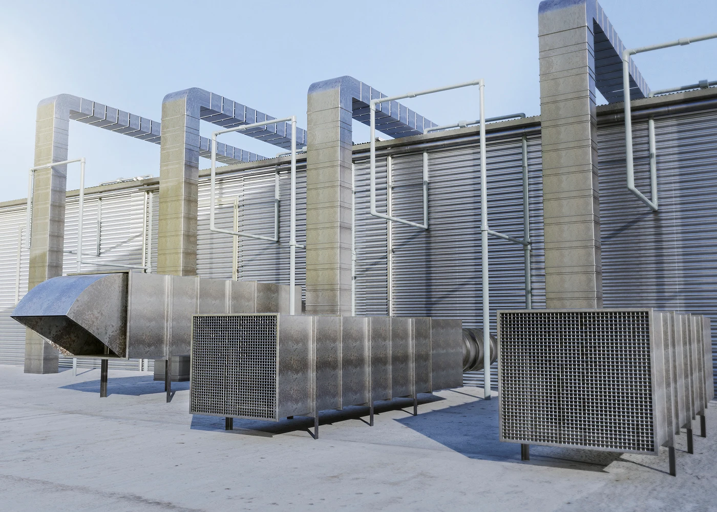 Representação 3D de uma instalação industrial com dutos metálicos, grades de ventilação e tubulações sobre piso de concreto.
