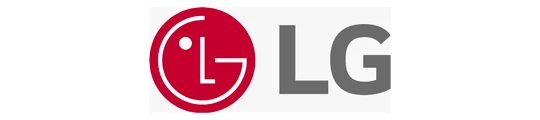 Logotipo da LG: círculo vermelho com as letras estilizadas L e G em branco, seguido das letras LG em cinza.