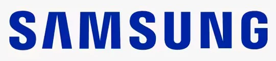Logotipo com a palavra "SAMSUNG" em letras azuis sobre fundo branco.