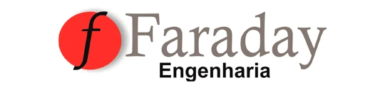 Logotipo com círculo vermelho, letra "f" preta estilizada e o texto "Faraday Engenharia".