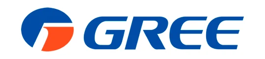 Logotipo da GREE em azul, com símbolo circular azul e vermelho à esquerda.