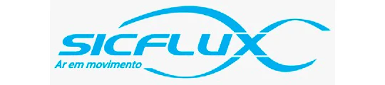 Logotipo azul com o texto “SICFLUX” e o slogan “Ar em movimento”, acompanhado por linhas curvas que formam um símbolo semelhante a um infinito.