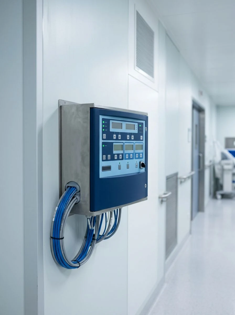 Painel de controle eletrônico fixado na parede de um corredor branco, com cabos azuis conectados.