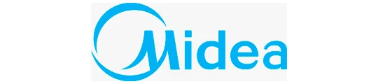 Logotipo azul da Midea, com símbolo circular estilizado à esquerda e o nome “Midea” à direita.