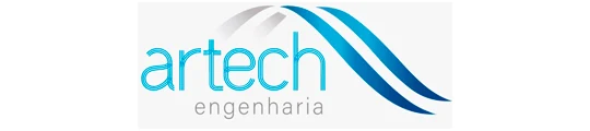 Logotipo com o texto “artech engenharia” e faixas curvas em tons de azul.